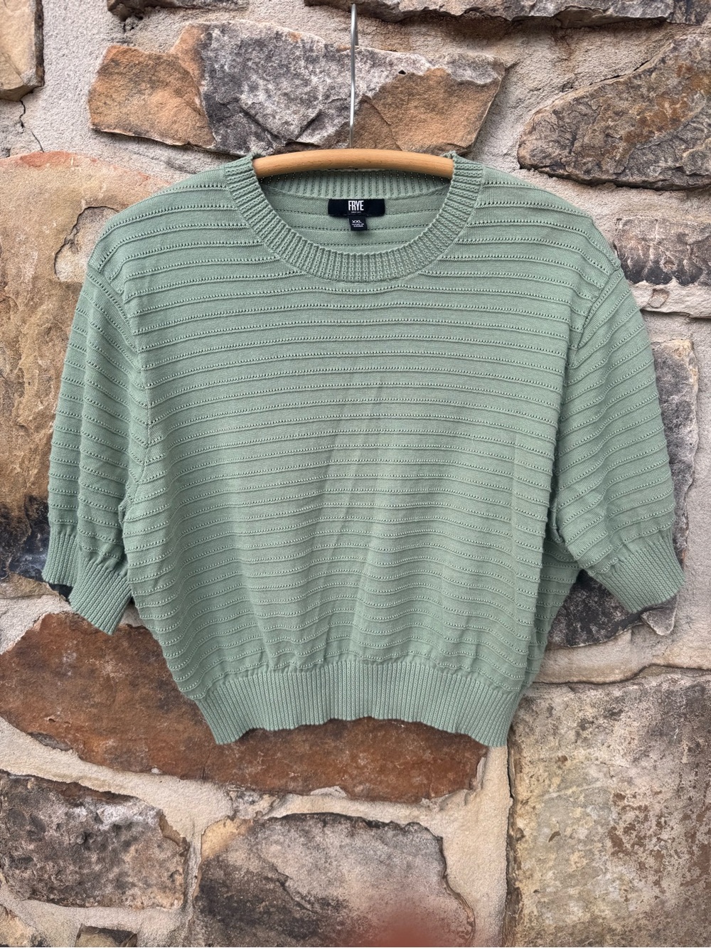 FRYE XXL Sage Green Cotton Short Sleeve Sweater Boxy Cropped Coastal Open Knit